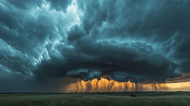 Violent cloudburst with marble-sized hailstones against darkening sky, hyperdefinition of water particles suspended in air, cumulonimbus cloud formations with dramatic anvil structure, rain streaks