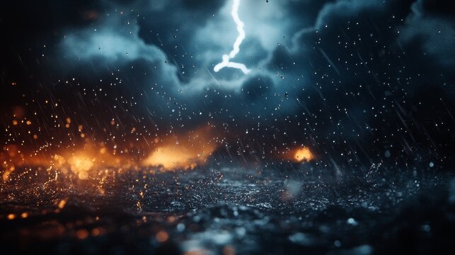 Flash flood rain intensity against night sky, backlit precipitation revealing curtains of water, mixed precipitation with rain transitioning to sleet particles, dramatic cloud-to-ground lightning