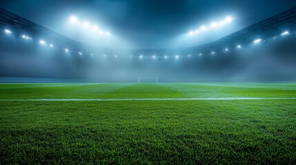 Misty soccer stadium viewed from midfield, powerful overhead spotlights creating light beams through atmospheric haze, pristine grass pitch with dew drops reflecting light, dramatic nighttime sports