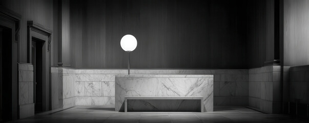 Marble bench and lamp in quiet government hall conveying calm amid subtle shutdown mood