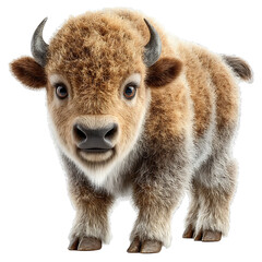 PNG file A cute, baby bison stands looking directly at the viewer, showing it's fluffy fur and adorable nature