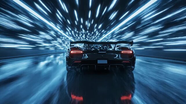 Sleek black hypercar speeding through a futuristic tunnel with dynamic blue light trails creating a sense of motion