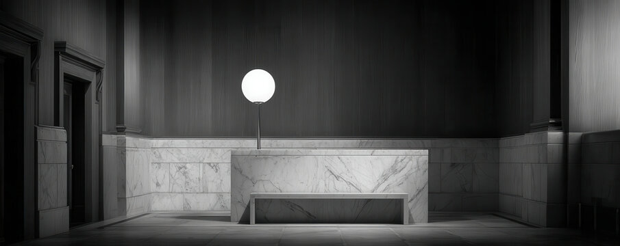 Marble bench and lamp in quiet government hall conveying calm amid subtle shutdown mood