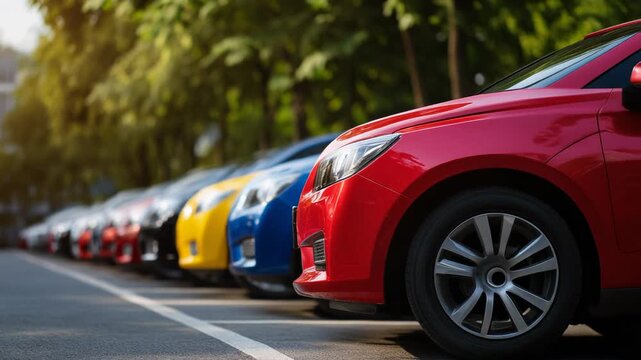 Vibrant line of parked cars under sunlight with lush greenery in the background