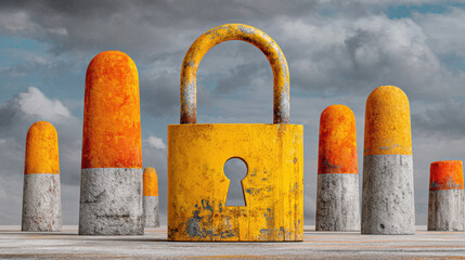 Rusted yellow padlock security symbol government shutdown amid concrete bollard barrier scene stormy sky emotional resilience