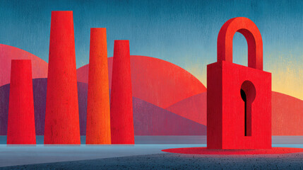 Red padlock sculpture on shoreline with red towers and layered hills at sunset government shutdown concern