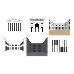 Collection of architectural illustrations featuring classical buildings and columns