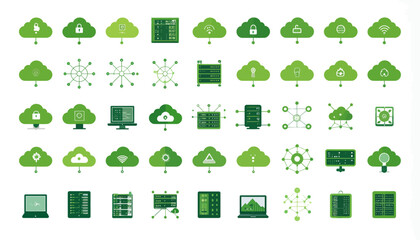 Fototapeta premium A comprehensive collection of green technology and cloud computing icons, illustrating data storage, networking, and digital infrastructure concepts.