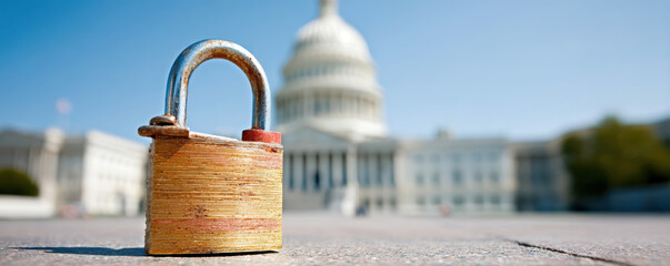 Rusty padlock on pavement with capitol dome in background government shutdown anxiety and security concerns