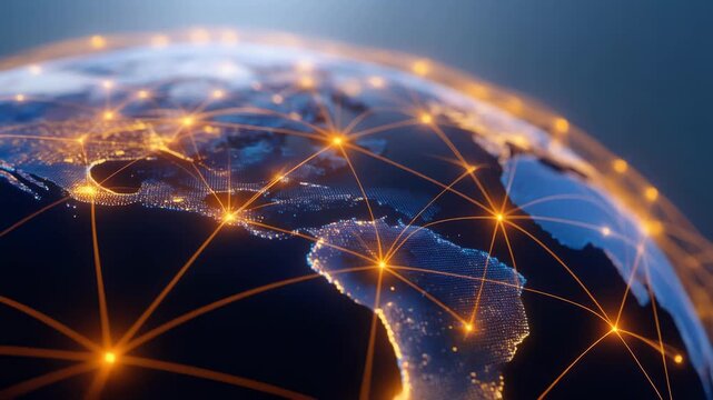 Stunning Digital World Map with Global Network Connections and Glowing Data Points