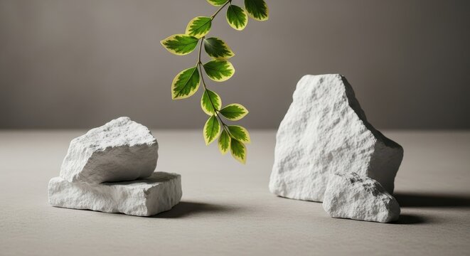 Minimalist still life arrangement featuring textured white rocks and a trailing green vine against a neutral background