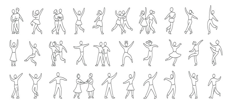 Collection of black and white line art figures dancing and celebrating dance