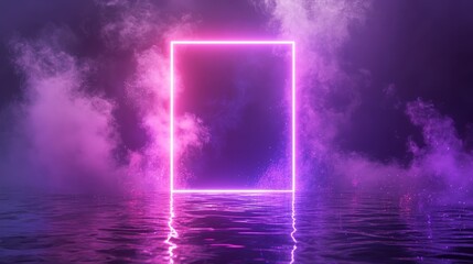 Vivid ultraviolet neon rectangle frame casting glow onto rippling water below, ethereal glowing border surrounded by wisps of smoke, magical geometric portal with bright sparkles and light rays,