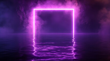 Electric purple rectangular light frame reflecting on dark water surface, futuristic neon border piercing through atmospheric smoke, technological portal with sparkling light particles, dramatic