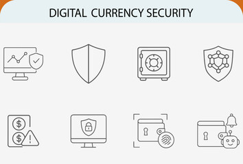 Digital currency security line icons, cryptocurrency blockchain protection concept