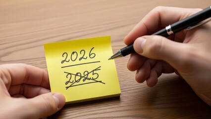 Hand holding pen near sticky note with crossed out year and next year written on it on wood surface