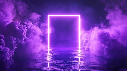 Electric purple rectangular light frame reflecting on dark water surface, futuristic neon border piercing through atmospheric smoke, technological portal with sparkling light particles, dramatic