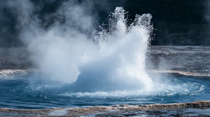 Powerful geyser eruption, pristine white water particles dispersing against midnight blue thermal pool, steam mixing with water droplets, natural phenomenon photographed with telephoto lens