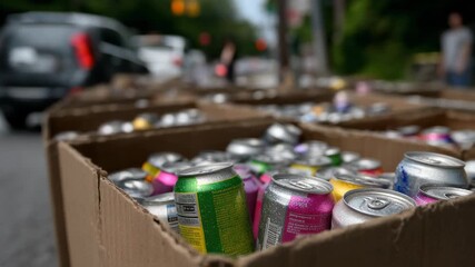 Colorful aluminum cans in cardboard boxes ready for recycling on a sunny street