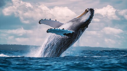 Humpback whale breaching, massive splash of alabaster water against azure deep sea background, thousands of water particles suspended in moment of impact