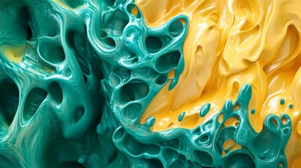 Vibrant color field of melting abstract forms, sunshine yellow blending into teal green amoeba-like shapes, ultra-smooth transitions between irregular boundaries