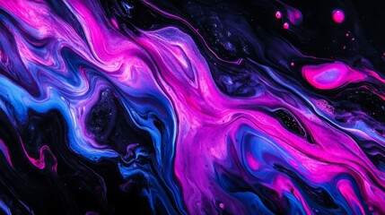 Psychedelic fluid art macro photography, neon pink and electric blue paint swirls merging into purple vortices, high-contrast organic patterns against black background