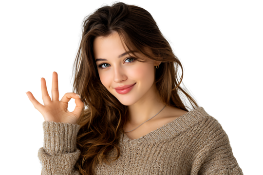 PNG file A young woman with long hair making an OK hand gesture, expressing positivity