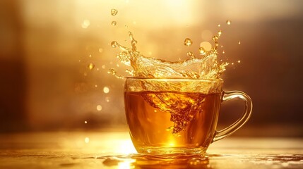 Ceylon tea splashing from porcelain cup, sun-dappled golden-brown liquid creating arc through air, translucent amber tones showing depth variation, high-speed photography freezing motion