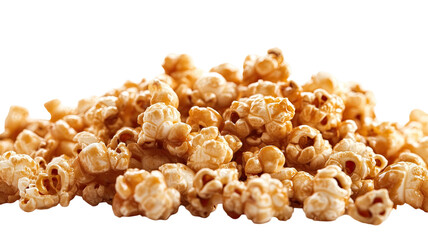 Sweet caramel popcorn with glossy coated kernels crunchy golden snack texture rich sugary treat detail isolated on white background