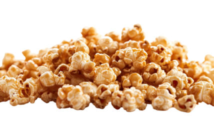 Sweet caramel popcorn with glossy coated kernels crunchy golden snack texture rich sugary treat detail isolated on white background