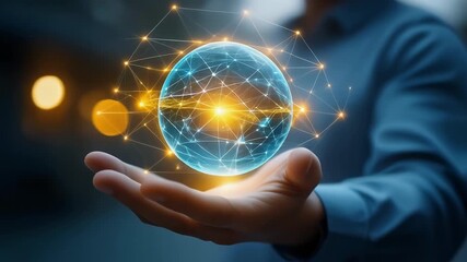 Hand holding glowing digital sphere representing technology and innovation concepts - Powered by Adobe