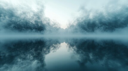Dense white smoke tendrils flowing over mirrored lake surface, perfect reflection creating symmetry, atmospheric boundary layer in early dawn light, cinematic misty landscape, environmental