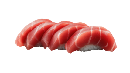 Sushi nigiri tuna with fresh pink fish slice placed on seasoned rice bed premium seafood detail isolated on white background