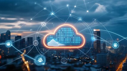 Futuristic cloud technology concept over urban skyline with digital connections and data visualization - Powered by Adobe