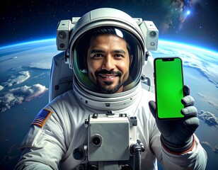 Smiling astronaut holding a green screen phone with Earth in background