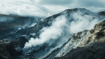 Volcanic steam rising over rugged mountain terrain, white plumes contrasting against dark rock, ethereal vapor movement captured in still image, natural geothermal activity, dramatic wilderness