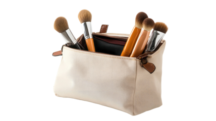 Stylish open cosmetic bag with neatly arranged beauty essentials spacious makeup organizer pouch detailed fashion accessory layout isolated on white background