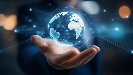 Hand holding digital globe representing global connectivity and technology advancements - Powered by Adobe