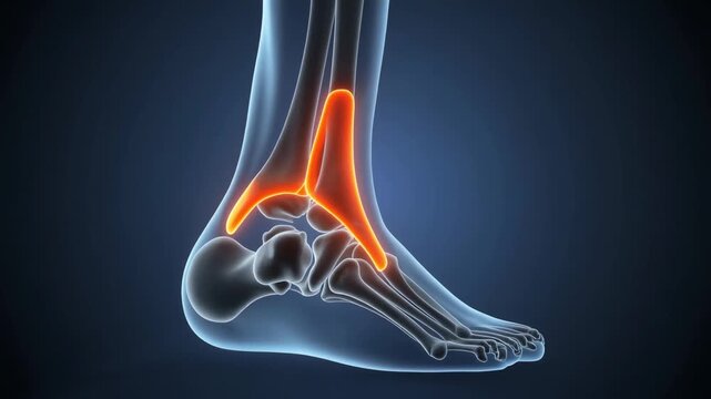 Animation showing the ligaments of the human ankle joint in a dynamic transparent 3D medical illustration highlighting the talocrural and talocalcaneal ligaments