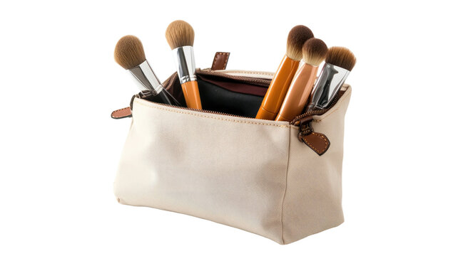 Stylish open cosmetic bag with neatly arranged beauty essentials spacious makeup organizer pouch detailed fashion accessory layout isolated on white background