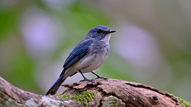 Closeup of a beautiful blue and gray scrub jay perched on a mossy, weathered tree branch in nature