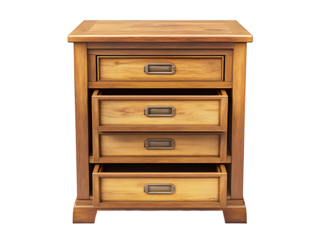 PNG file A wooden cabinet with four drawers, each with a brass handle, and the middle drawer is open