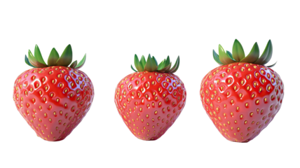 Set of strawberries with fresh red berries natural juicy fruit collection detailed vibrant surface seeds texture isolated on white background