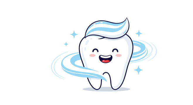A cheerful cartoon tooth with toothpaste on top and sparkling effects, symbolizing fresh and healthy oral hygiene.