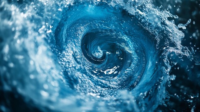 Powerful blue water vortex swirling into spiral logo form, translucent aquamarine liquid with white foam accents, dramatic side lighting capturing movement and texture, product photography style