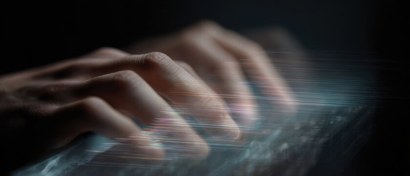 Hands typing keyboard technology motion blur swift focus enhances flow on backlit keyboard