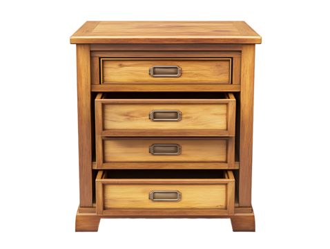 PNG file A wooden cabinet with four drawers, each with a brass handle, and the middle drawer is open