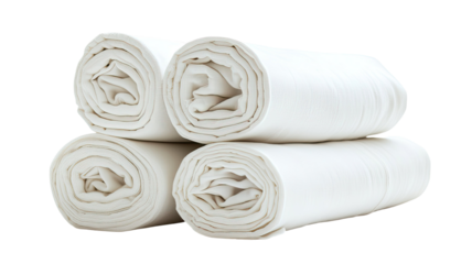 Stack of rolled white fabric with smooth clean textile layers neatly arranged soft material bundle cloth detail isolated on white background