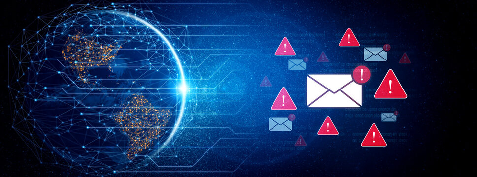 Concept of a cybersecurity warning for unsafe email communication. This alert signifies a phishing attack, spam, or malware risk that requires immediate attention to prevent fraud. Fermion