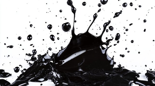 Dynamic black paint splatters frozen in motion against white background, high-speed photography effect, ink droplets with perfect surface tension